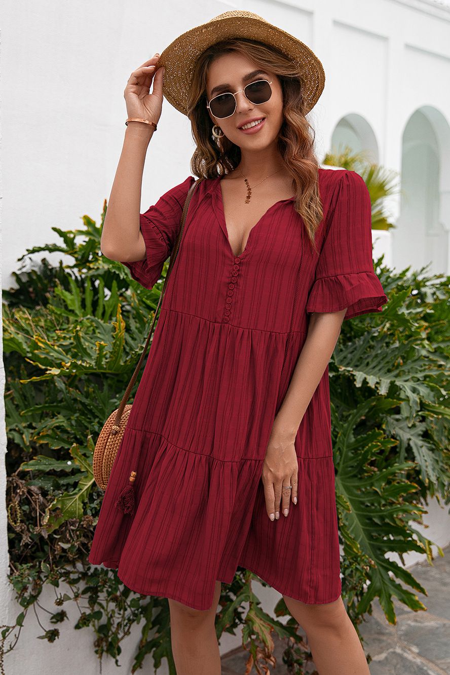 Tassel Tie-Neck Ruffle Hem Dress