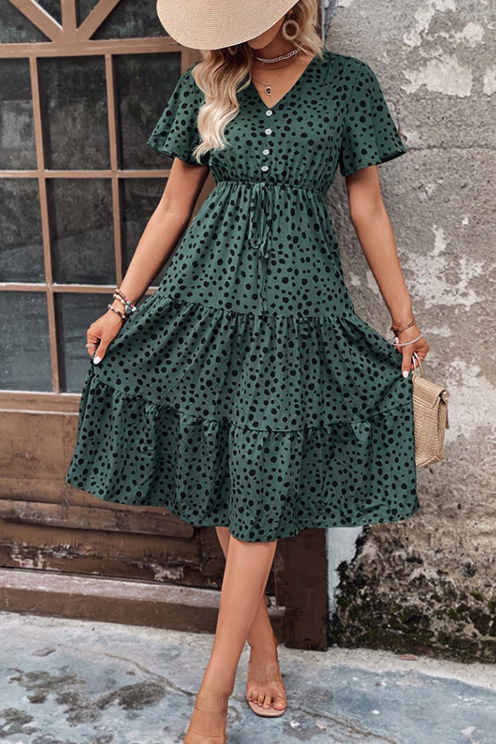 Printed Buttoned V-Neck Flutter Sleeve Dress