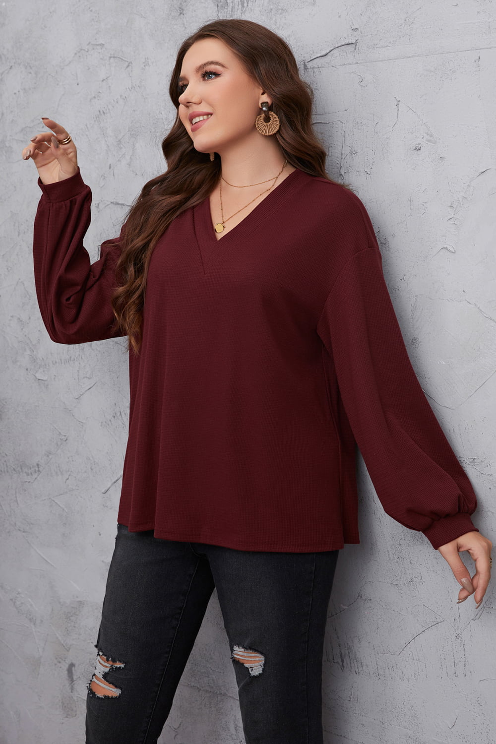 Plus Size V-Neck Dropped Shoulder Blouse