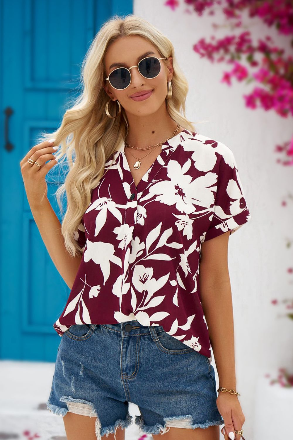 Floral Notched Neck Cuffed Blouse