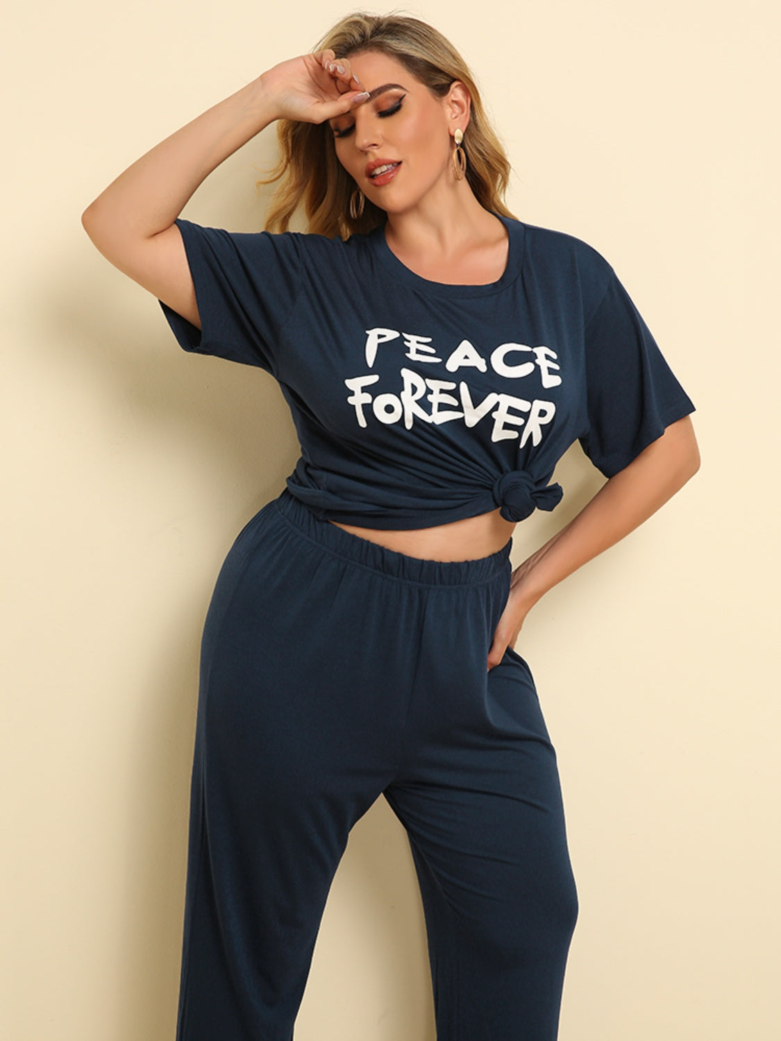 Plus Size PEACE FOREVER Short Sleeve Top and Pants Set