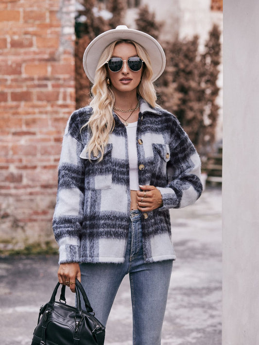 Plaid Dropped Shoulder Collared Jacket