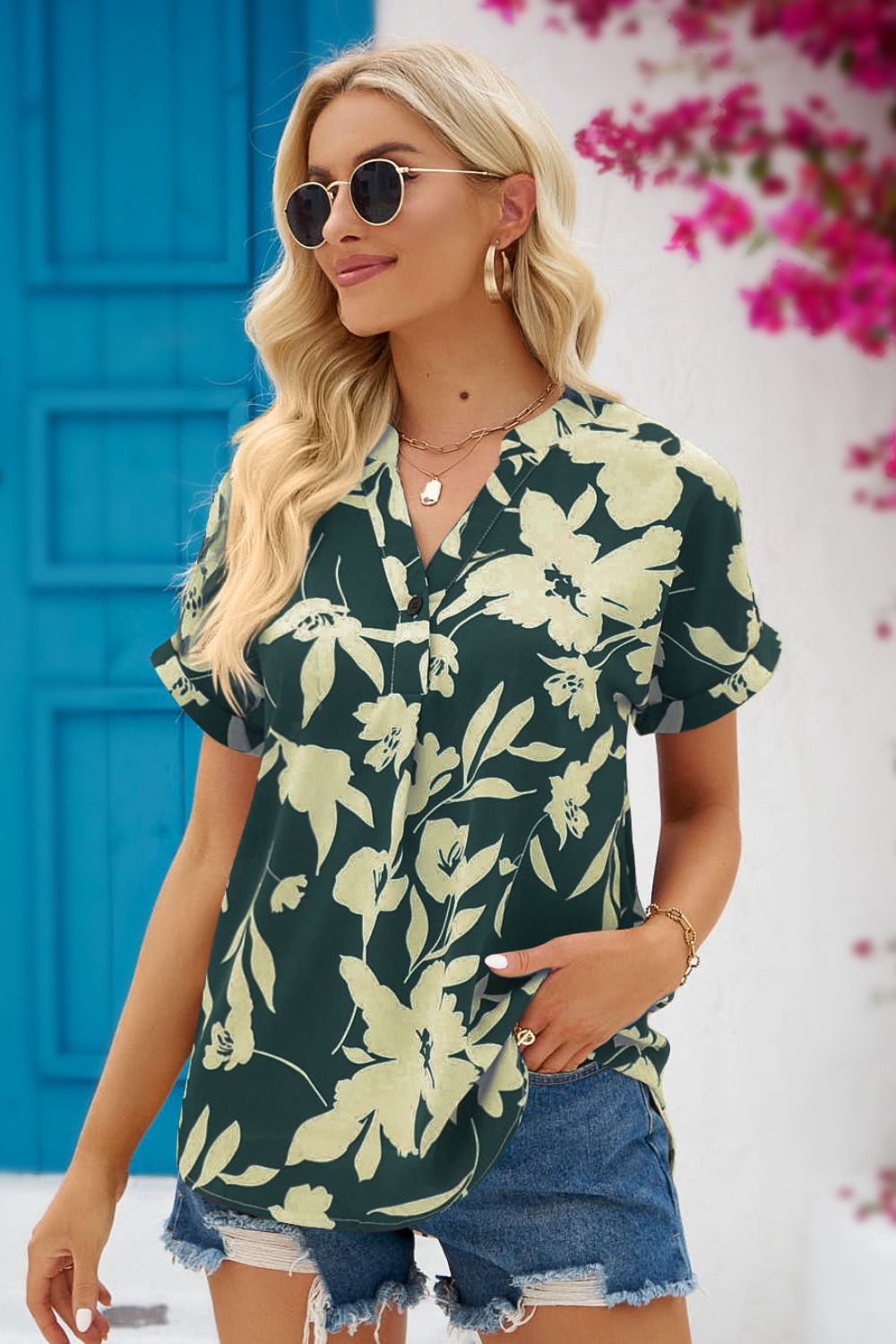 Floral Notched Neck Cuffed Blouse