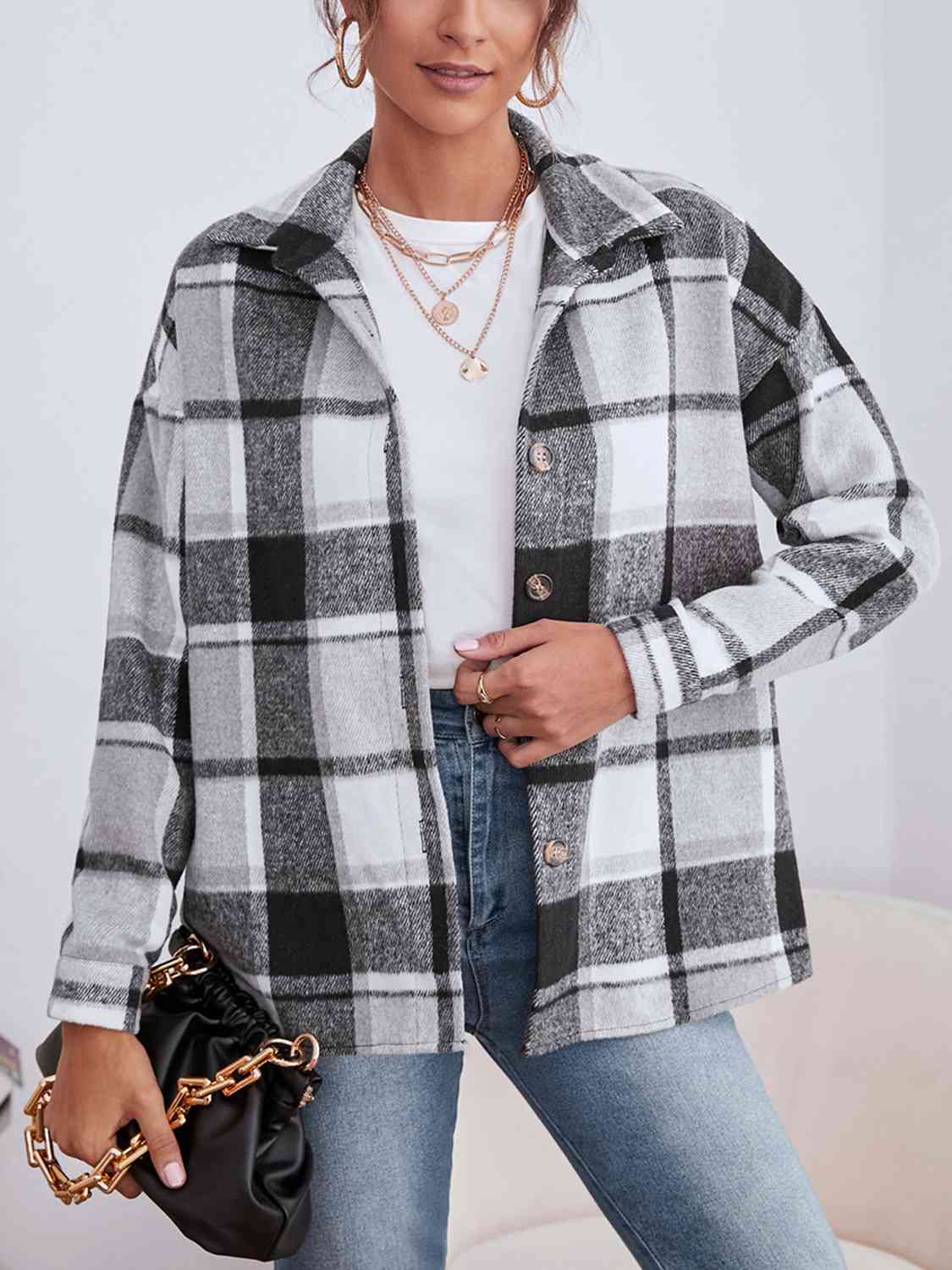 Plaid Collared Neck Button Down Jacket