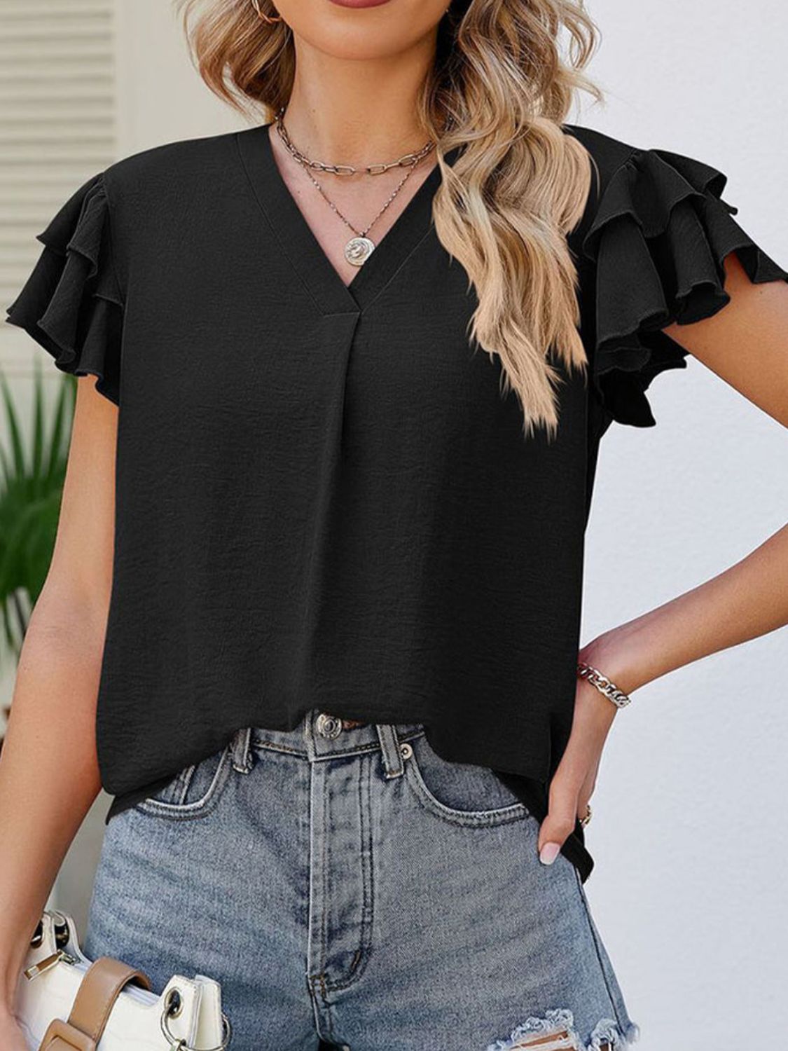 Ruffled V-Neck Cap Sleeve Blouse