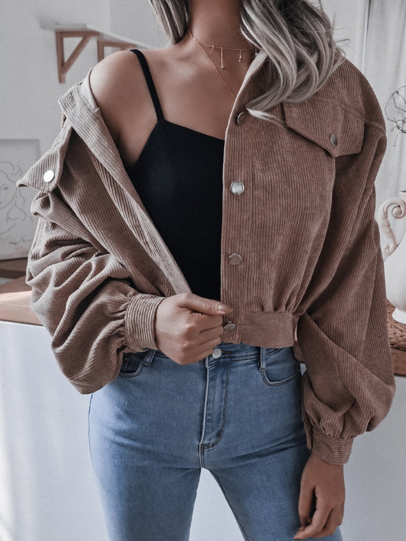 Lantern Sleeve Cropped Corduroy Jacket - Keene's