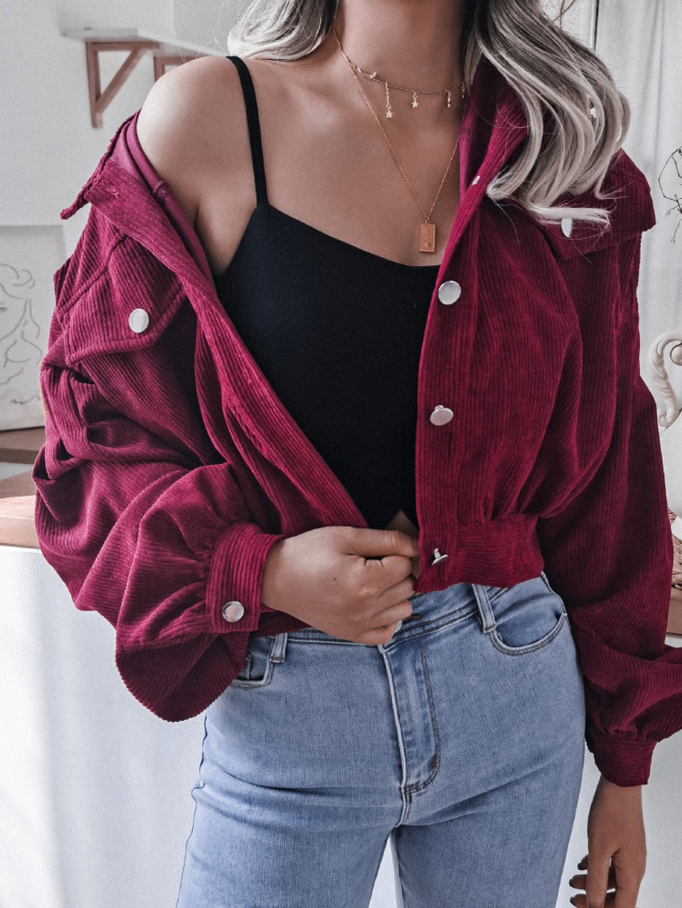 Lantern Sleeve Cropped Corduroy Jacket - Keene's