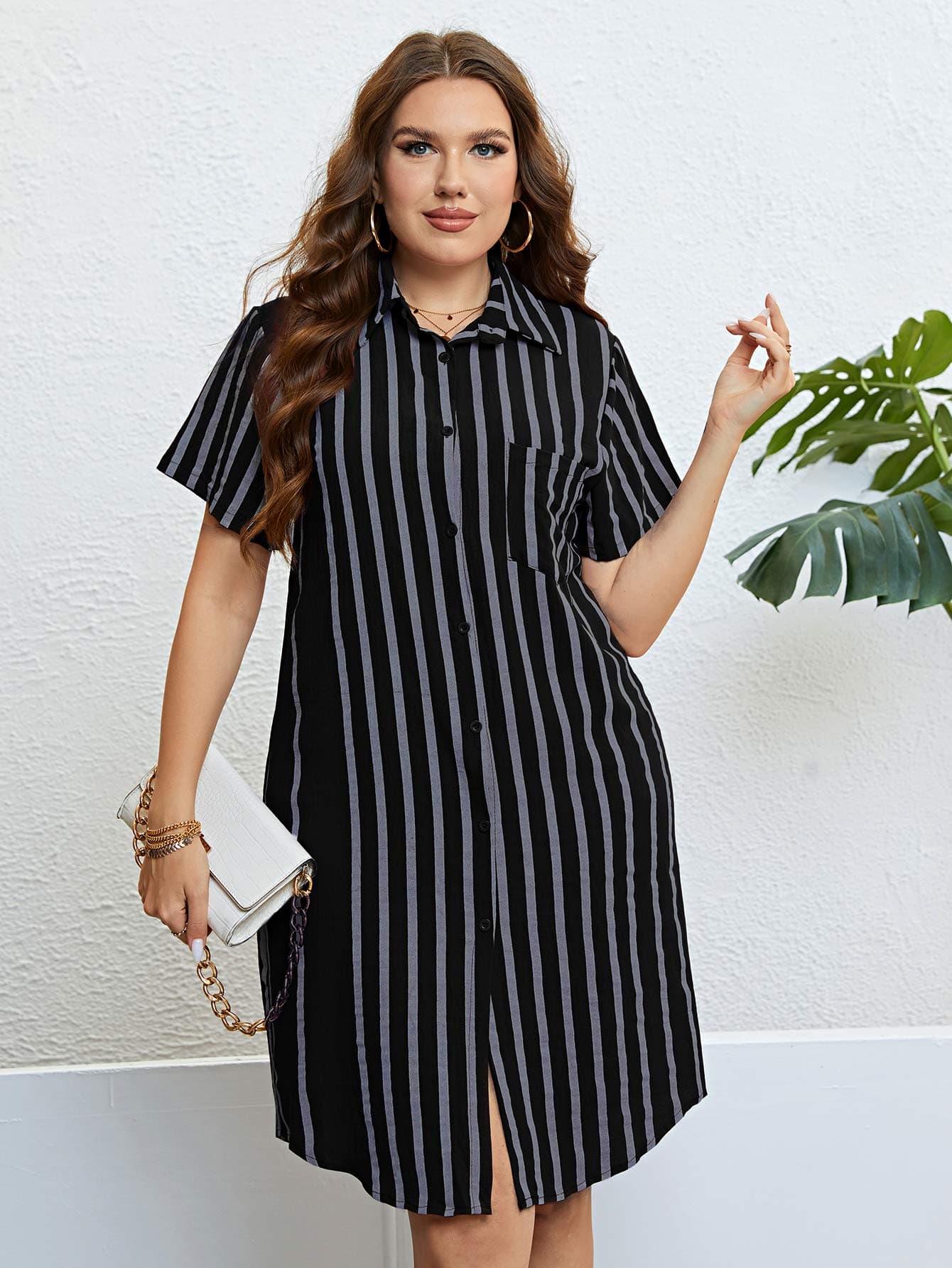 Plus Size Striped Short Sleeve Shirt Dress