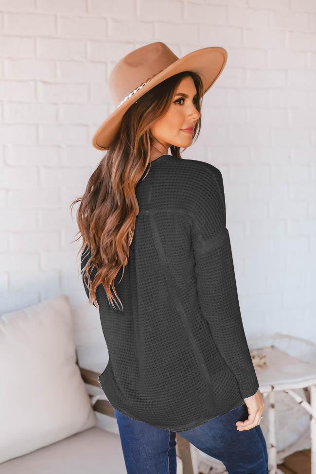 Button Front Waffle knit Peplum Top - Keene's