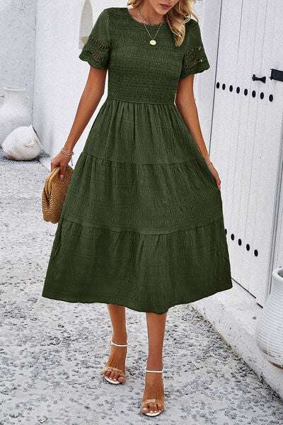 Smocked Round Neck Short Sleeve Midi Dress