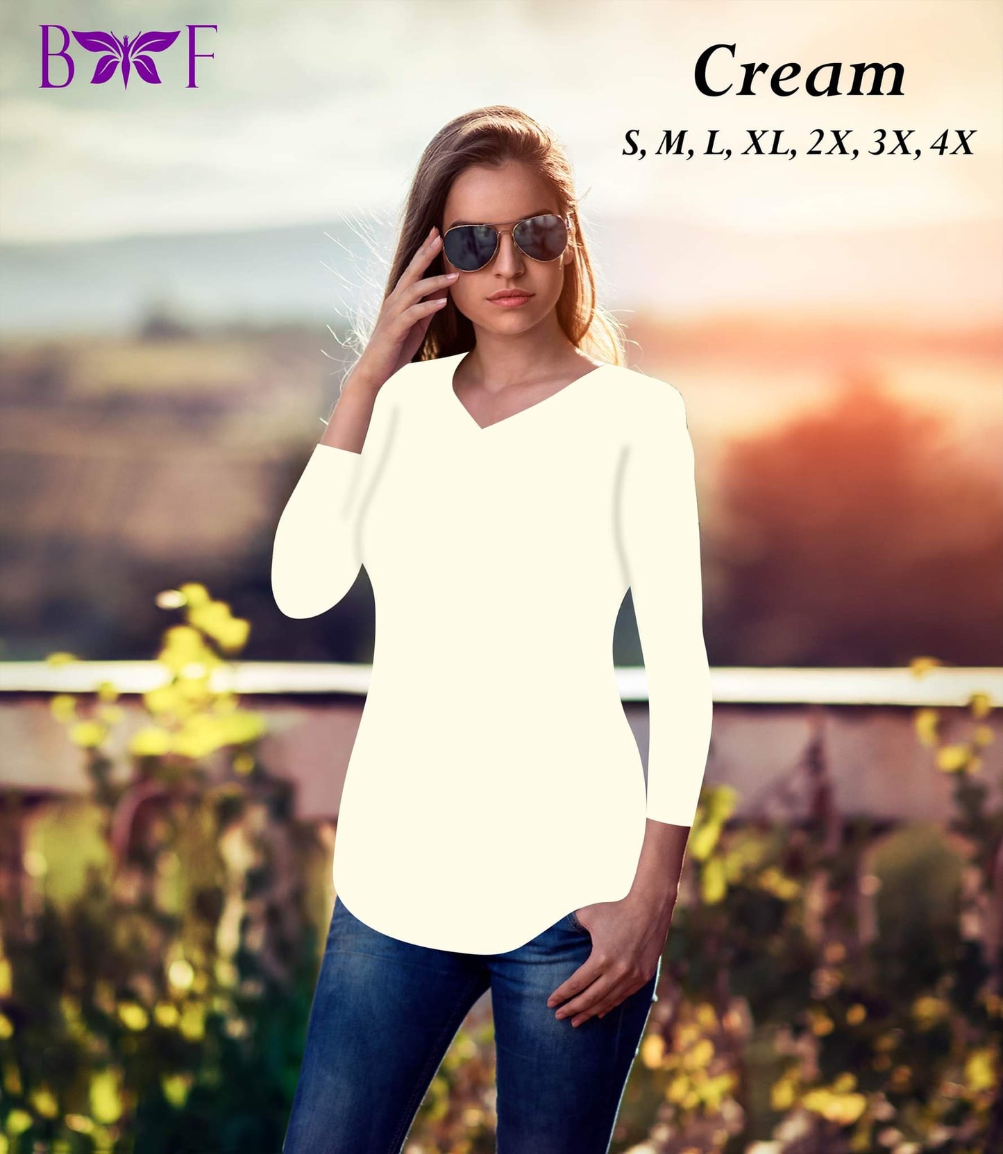 Cream v neck and round bottom